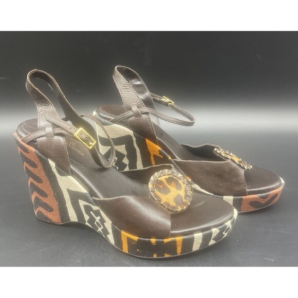 DIEGO DI LUCCA Brown Leather African Mud Cloth Print Wedge Sandals Size 7 - Picture 1 of 6